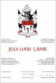 Lettres patentes concédant des emblèmes héraldiques à Jean-Louis Lavoie