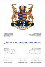 Letters patent granting heraldic emblems to James Karl Bartleman
