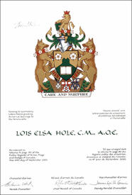Letters patent granting heraldic emblems to Lois Elsa Hole Letters patent granting heraldic emblems to Lois Elsa Hole