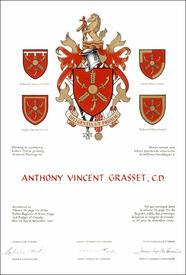 Letters patent granting heraldic emblems to Anthony Vincent Grasset