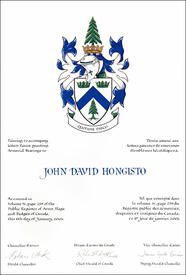 Lettres patentes concédant des emblèmes héraldiques à John David Hongisto Lettres patentes concédant des emblèmes héraldiques à John David Hongisto