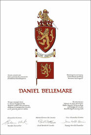Letters patent granting heraldic emblems to Daniel Bellemare