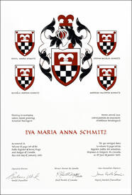 Letters patent granting heraldic emblems to Eva Maria Anna Schmitz