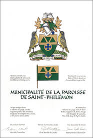 Letters patent granting heraldic emblems to the Municipalité de la Paroisse de Saint-Philémon