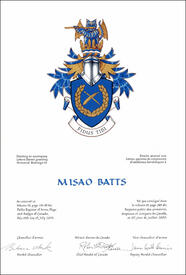 Letters patent granting heraldic emblems to Misao Batts