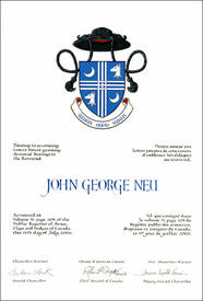 Letters patent granting heraldic emblems to John George Neu Letters patent granting heraldic emblems to John George Neu
