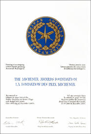 Letters patent granting heraldic emblems to The Michener Awards Foundation Letters patent granting heraldic emblems to The Michener Awards Foundation