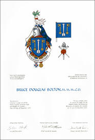 Letters patent granting heraldic emblems to Bruce Douglas Bolton