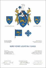 Letters patent granting heraldic emblems to Rory Henry Grattan Fisher