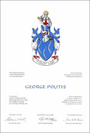 Letters patent granting heraldic emblems to George Politis