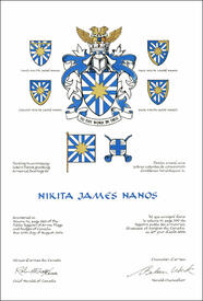 Letters patent granting heraldic emblems to Nikita James Nanos