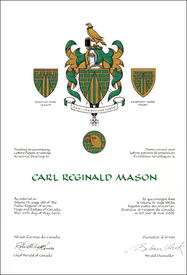 Lettres patentes concédant des emblèmes héraldiques à Carl Reginald Mason Lettres patentes concédant des emblèmes héraldiques à Carl Reginald Mason