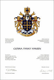 Letters patent granting heraldic emblems to Glenna Fanny Hansen Letters patent granting heraldic emblems to Glenna Fanny Hansen