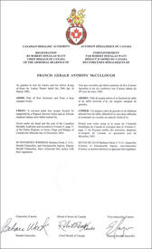 Letters patent registering the heraldic emblems of Francis Gerald Anthony McCullough Letters patent registering the heraldic emblems of Francis Gerald Anthony McCullough