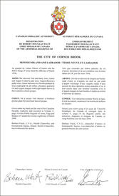 Letters patent registering the heraldic emblems of The City of Corner Brook Letters patent registering the heraldic emblems of The City of Corner Brook