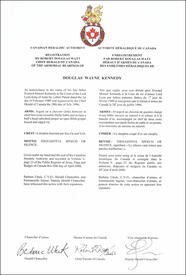 Letters patent registering the heraldic emblems of Douglas Wayne Kennedy Letters patent registering the heraldic emblems of Douglas Wayne Kennedy