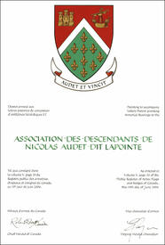 Lettres patentes concédant des emblèmes héraldiques à l'Association des descendants de Nicolas Audet dit Lapointe Lettres patentes concédant des emblèmes héraldiques à l'Association des descendants de Nicolas Audet dit Lapointe