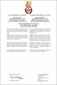 Lettres patentes enregistrant les emblèmes héraldiques de The Incorporated Synod of the Diocese of Algoma