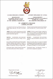 Lettres patentes enregistrant les emblèmes héraldiques du St. Andrew’s College