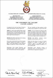 Letters patent registering the heraldic emblems of The University of Calgary Letters patent registering the heraldic emblems of The University of Calgary