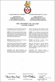 Letters patent registering the heraldic emblems of The University of Calgary