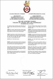 Letters patent registering the heraldic emblems of The Sir Sandford Fleming College of Applied Arts and Technology