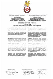 Lettres patentes enregistrant les emblèmes héraldiques de la Crofton House School