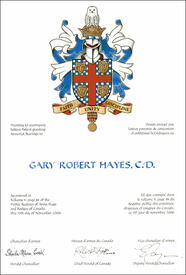 Letters patent granting heraldic emblems to Gary Robert Hayes Letters patent granting heraldic emblems to Gary Robert Hayes