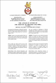 Letters patent registering the heraldic emblems of The Anglican Synod of the Diocese of British Columbia Letters patent registering the heraldic emblems of The Anglican Synod of the Diocese of British Columbia