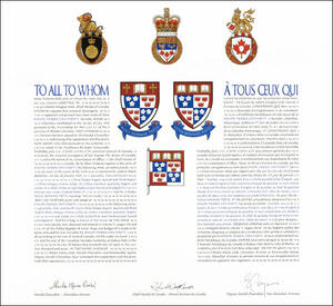 Letters patent granting heraldic emblems to Simon Fraser University