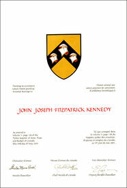 Letters patent granting heraldic emblems to John Joseph Fitzpatrick Kennedy