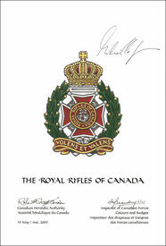 Letters patent approving heraldic emblems for The Royal Rifles of Canada Letters patent approving heraldic emblems for The Royal Rifles of Canada