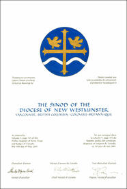 Lettres patentes concédant des emblèmes héraldiques à The Synod of the Diocese of New Westminster