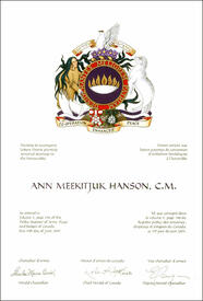 Letters patent granting heraldic emblems to Ann Meekitjuk Hanson Letters patent granting heraldic emblems to Ann Meekitjuk Hanson