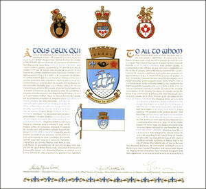 Letters patent granting heraldic emblems to the Ville de Saint-Lambert