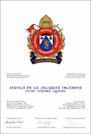 Letters patent granting heraldic emblems to the Service de la sécurité incendie, Saint-Jérôme Letters patent granting heraldic emblems to the Service de la sécurité incendie, Saint-Jérôme