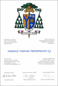 Letters patent granting heraldic emblems to Terrence Thomas Prendergast Letters patent granting heraldic emblems to Terrence Thomas Prendergast