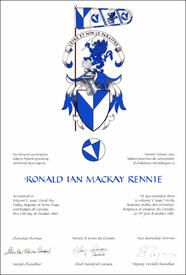 Letters patent granting heraldic emblems to Ronald Ian Mackay Rennie Letters patent granting heraldic emblems to Ronald Ian Mackay Rennie