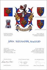 Letters patent granting heraldic emblems to John Alexander MacLeod