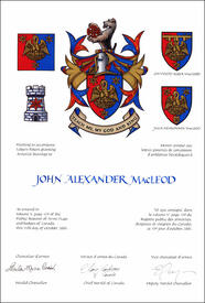 Lettres patentes concédant des emblèmes héraldiques à John Alexander MacLeod Lettres patentes concédant des emblèmes héraldiques à John Alexander MacLeod