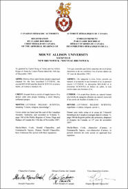 Letters patent registering the heraldic emblems of Mount Allison University Letters patent registering the heraldic emblems of Mount Allison University