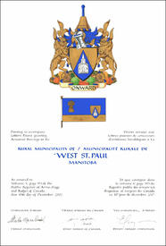 Letters patent granting heraldic emblems to the Rural Municipality of West St. Paul Letters patent granting heraldic emblems to the Rural Municipality of West St. Paul