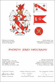 Lettres patentes concédant des emblèmes héraldiques à Andrew Jerry Hrycajkiw Lettres patentes concédant des emblèmes héraldiques à Andrew Jerry Hrycajkiw