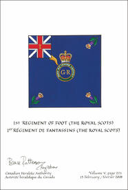 Letters patent confirming the blazon of the Flag of the 1st Regiment of Foot (The Royal Scots) Letters patent confirming the blazon of the Flag of the 1st Regiment of Foot (The Royal Scots)