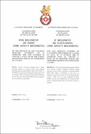 Lettres patentes confirmant le blasonnement du drapeau du 8e Régiment de fantassins (The King’s Regiment)