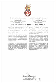 Letters patent confirming the blazon of the Badge of Princess Patricia’s Canadian Light Infantry Letters patent confirming the blazon of the Badge of Princess Patricia’s Canadian Light Infantry