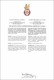 Letters patent confirming the blazon of the Badge of The Queen’s Own Cameron Highlanders of Canada Letters patent confirming the blazon of the Badge of The Queen’s Own Cameron Highlanders of Canada