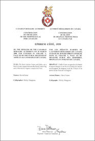 Letters patent confirming the blazon of the Proposed Flag: Ephrem Côté, 1939 Letters patent confirming the blazon of the Proposed Flag: Ephrem Côté, 1939