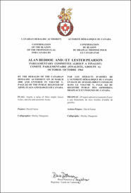 Lettres patentes confirmant le blasonnement de l'insigne du Drapeau proposé: Alan Beddoe et Lester Pearson, Comité parlementaire, octobre 1964