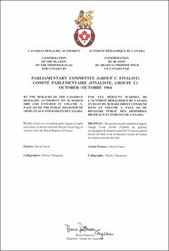 Lettres patentes confirmant le blasonnement de l'insigne du Drapeau proposé : Comité parlementaire, octobre 1964